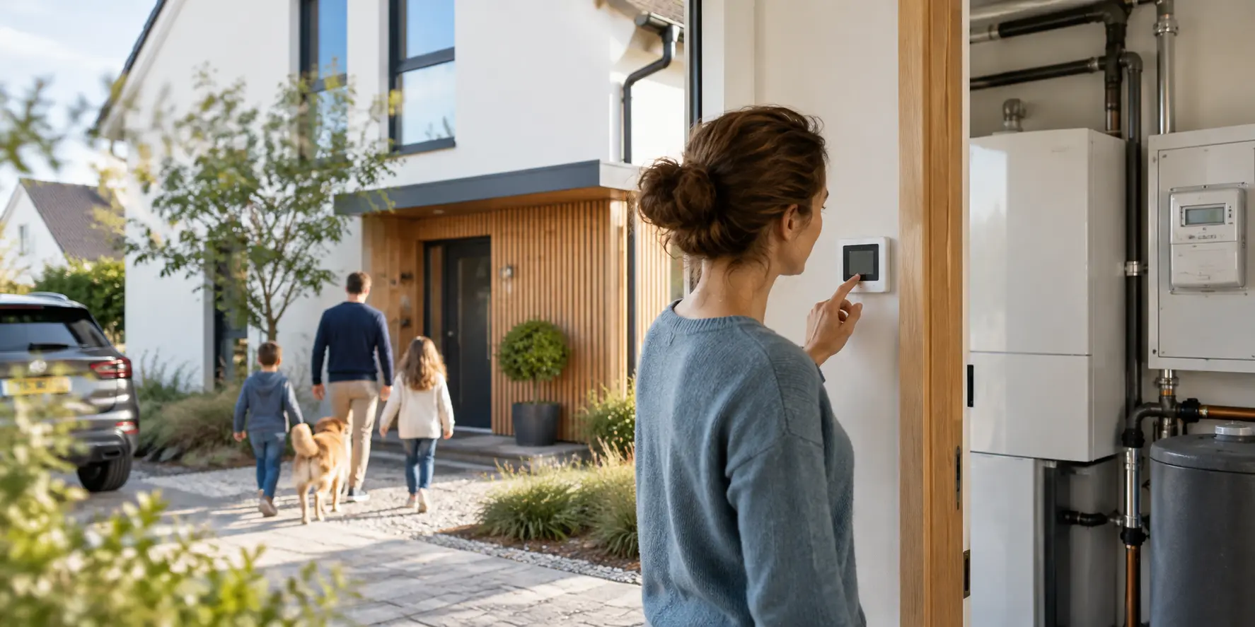 Familie an einem modernen Wohnhaus mit Heizungs- und Energieanzeige